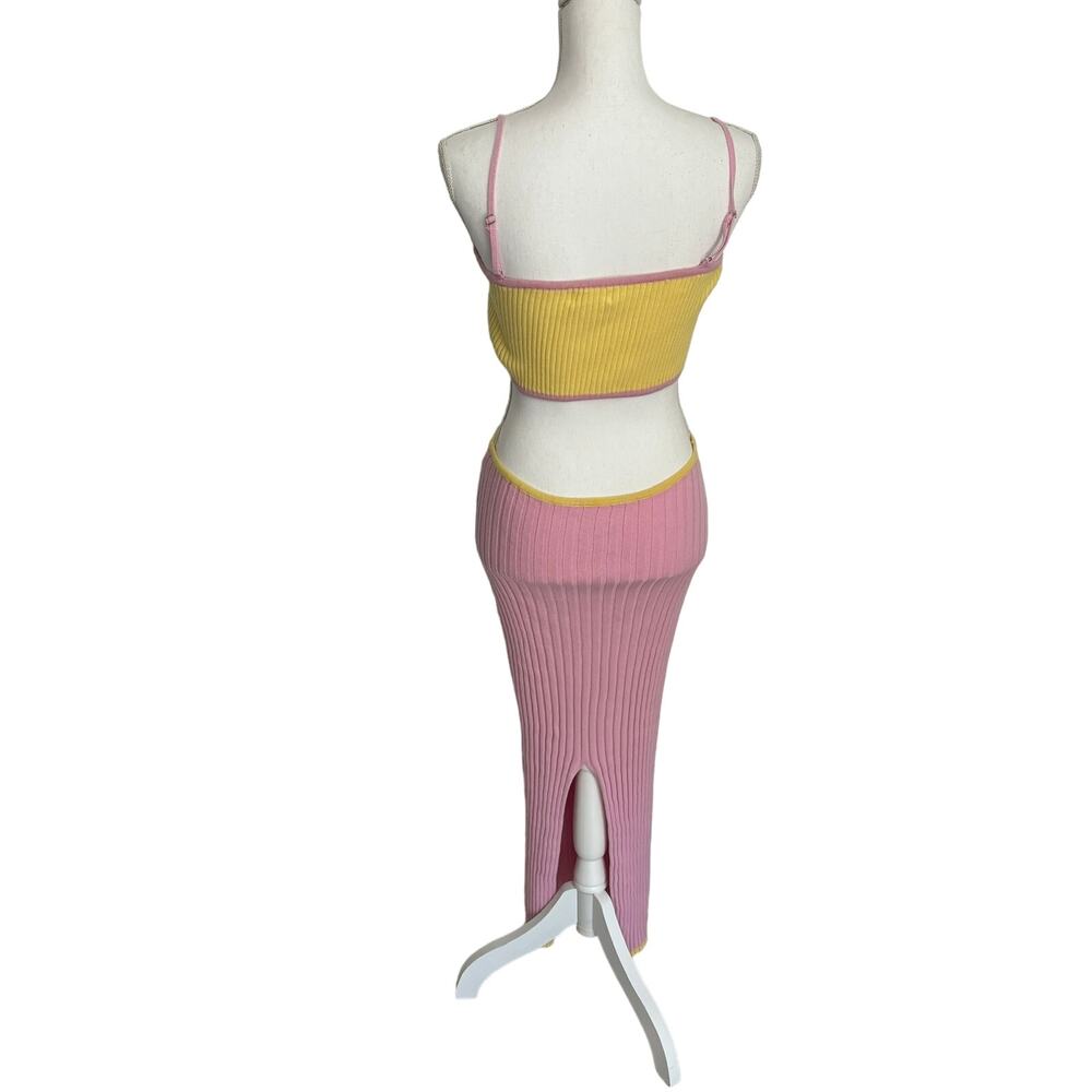 Mable Color Block Cutout Midi Dress Ribbed Pink and Yellow M - Picture 4 of 10